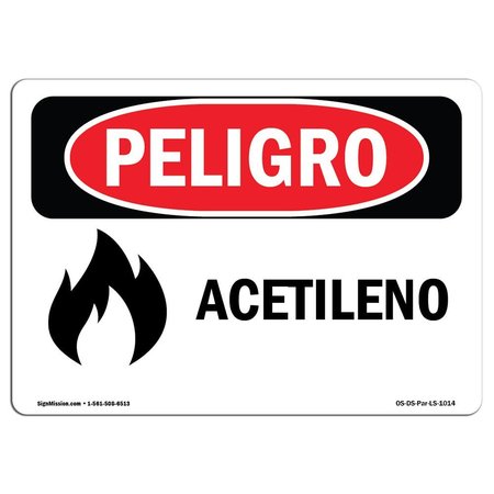 SIGNMISSION OSHA Danger Sign, Acetylene Spanish, 18in X 12in Rigid Plastic, 12" H, 18" W, Acetylene Spanish OS-DS-P-1218-LS-1014